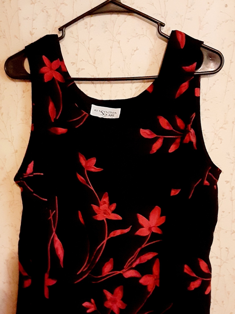 Women's Black Tank with Red Floral Embroidery